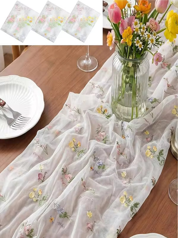 3pcs White Floral Table Runner 10ft Embroidered Tulle Spring Wildflower Table Runner Seasonal Summer Butterfly Kitchen Dining Room Gauze Decor Suitable For Baby Shower Wedding Party Birthday (White, Pink)